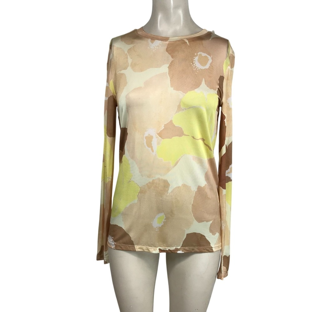 ST JOHN - WOMEN'S SMALL- YELLOW/BROWN LONG SLEEVE ROUND NECK FLORAL TOP SHIRT